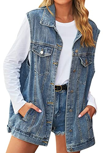 Cexiakong Chaleco vaquero largo para mujer, sin mangas, chaqueta vaquera, chaleco oversized boyfriend vaquero, chaleco de mezclilla, chaqueta de entretiempo Y2k, ropa de calle, ocio, ropa de exterior