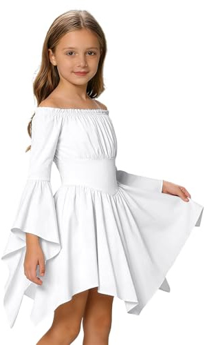 Dasongff - Vestido corto blanco para niña, vestido pirata para niñas, manga larga, abullonada, gasa, hombros descubiertos con volantes, corte trapecio corto, estilo bohemio de verano de playa, blanco
