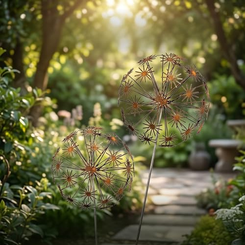 2 stycken trädgårdsspetsar blomma rost dekoration, metall naturrost, rostdekoration trädgårdsdekoration metall rost blomma boll, trädgårdskulor för trädgård, terrass, balkong, trädgård och utomhus
