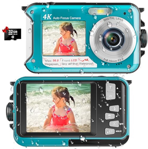 4K Underwater Camera, 16FT Waterproof Camera, 64MP Dual-Screen, Cyan