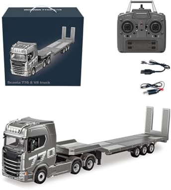 XKlemBauklode Tracteur camion 770S avec télécommande à l'échelle 1/18 6 x 4, tracteur robuste avec remorque à plat, modèle de transporteur RC 2,4 GHz avec lumières LED et son réaliste pour adultes