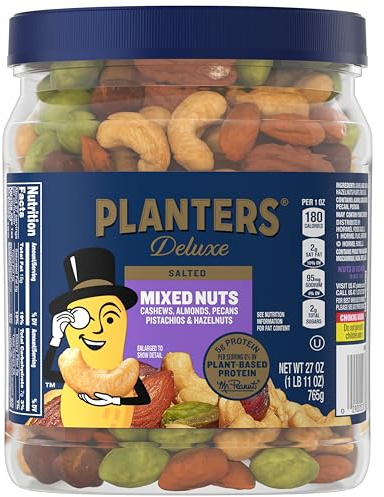 PLANTERS Deluxe Mixed Nuts with Sea Salt, 27 oz Resealable Container - Variety Mixed Nuts Snacks with Cashews, Almonds, Pecans, Pistachios & Hazelnuts - Energy Boost - Kosher