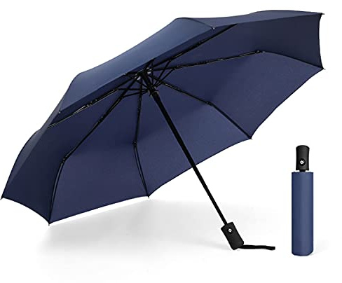 Hannstar Ombrello da viaggio pieghevole, antivento, forte, compatto, con apertura e chiusura automatica, leggero, forte e portatile, per pioggia - uomo e donna, blu navy, Taglia unica
