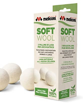 Meliconi Soft Wool-bolas secadora, facilitan el secado de las prendas dejándolas suaves a largo. Lana 100% natural de Nueva Zelanda. 3 unidades, blanco, diámetro aprox. 7 cm