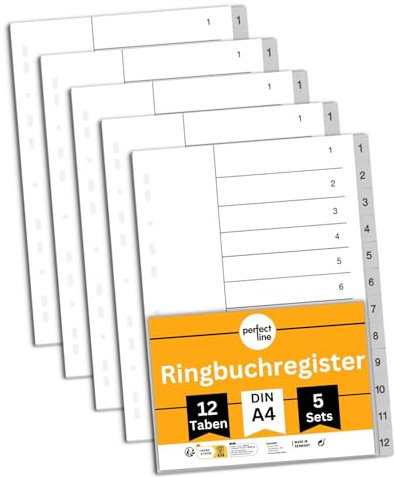 perfect line - Ordner-Register DIN A4 grau - 12-teiliges Trennregister aus Kunststoff (PP), 5er Set - robuste Registerblätter für Ordner & Ringbücher, übersichtliche Organisation, Made in Germany