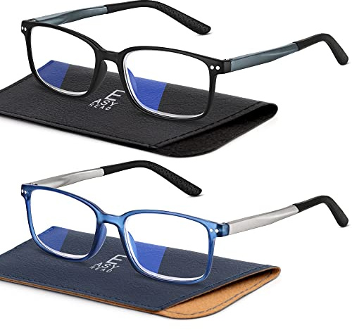 EASY READ 2 Pairs Sporty Style Reading Glasses for Men，Rectangular TR90 Blue Light Blocking Readers with Spring Hinge(Magnification 2.00,Black/Blue)
