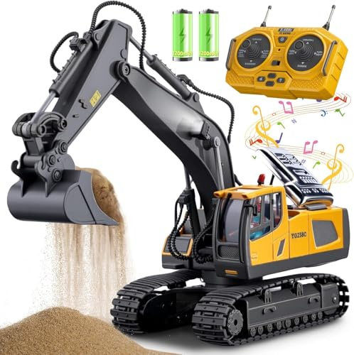 Remote Control Excavator Toy for Boys - 11 CH RC Construction Vehicles with Metal Shovel Sounds Lights - 680° Rotation RC Truck Digger Toys for 6 7 8 9 10 11 12 Year Old Kids Christmas Birthday Gifts