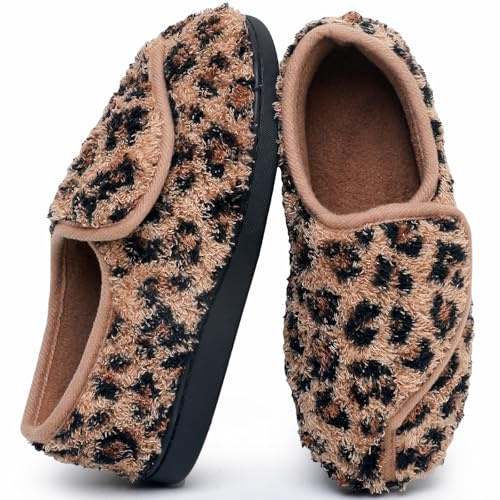 Git-up Ladies Diabetic Slippers Arthritis Edema Memory Foam Adjustable Closed Toe Swollen Feet Slippers Comfortable House Indoor Outdoor Shoes with Rubber Sole UK6 YELLOW LEOPARD