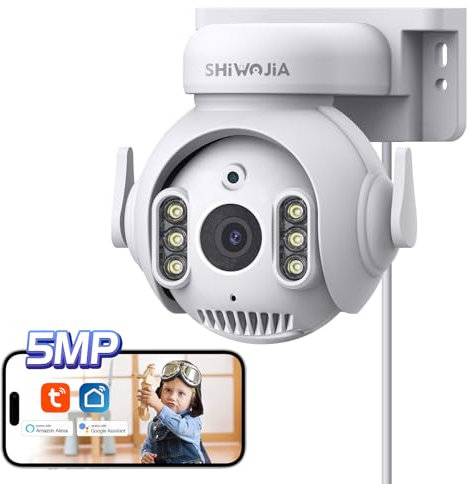 SHIWOJIA Cámara Vigilancia WiFi Exterior, 5MP 360° PTZ Tuya Smart Camara WiFi, 24/7 Grabación Continua, Seguimiento Automático, Detector de Movimiento, Visión Nocturna