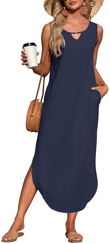 AUSELILY Robe de Plage d'été sans Manches pour Femme Maxi Elegant Robe Longue Cassique de Casual avec Poches Stampa a Foglie 2XL