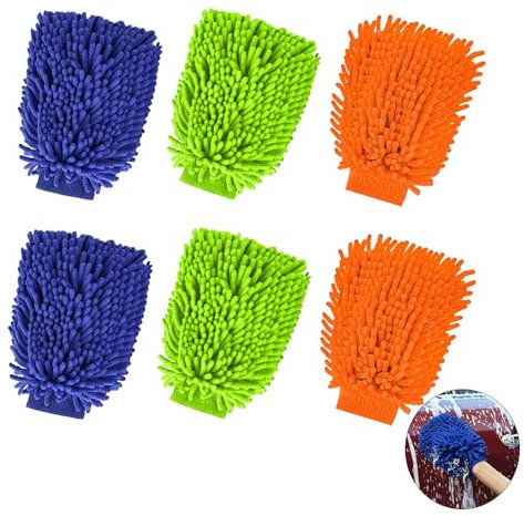 DALAETUS 6 Stück Waschhandschuh Auto, Doppelseitiger Handschuh Auto, Duper Daugfähiger Autowaschhandschuh, Mikrofaser-Waschhandschuhe für die Autoreinigung (Blau, Grün, Orange)