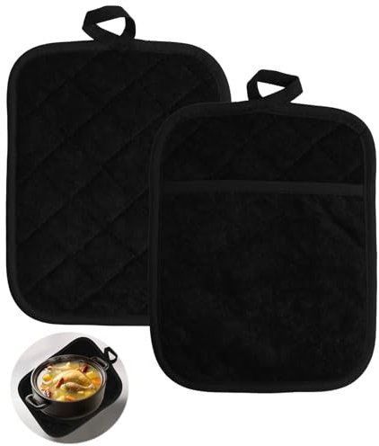Set di 2 Guanti da Forno in Cotone con Tasca, Resistenti al Calore e Antiscivolo, per Cucinare, Cuocere e Grigliare, Accessori da Cucina Neri, Dimensioni 18 x 23 cm