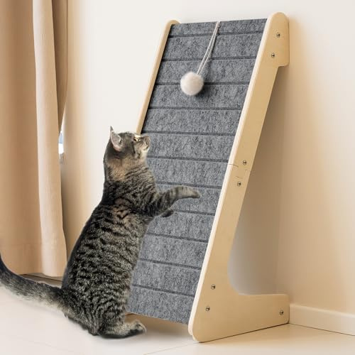 PETKARAY Griffoir en Feutre pour Chat, Tapis à gratter en Forme de L, Rampe en Feutre résistante aux griffures, Planche à gratter sans Fente avec Balle Jouet, Gris Clair