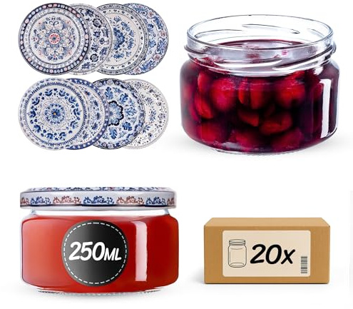 Set de 20 tarros para mermelada KADAX de 250 ml con tapa de rosca Ø 82 mm en azul/blanco - hermético, apto para lavavajillas, ideal para mermelada, chutneys, verduras encurtidas, carne, pasteles y