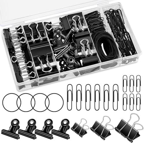 Tatxmalv Clips de Carpeta 19 mm/25 mm/32 mm, 199 Piezas Conjunto de Clips de Oficina, con Clips Plegables de 3 Tamaño, Clips de Papel de 2 Tamaño, Mini Clips y Gomas Colores (Negro)