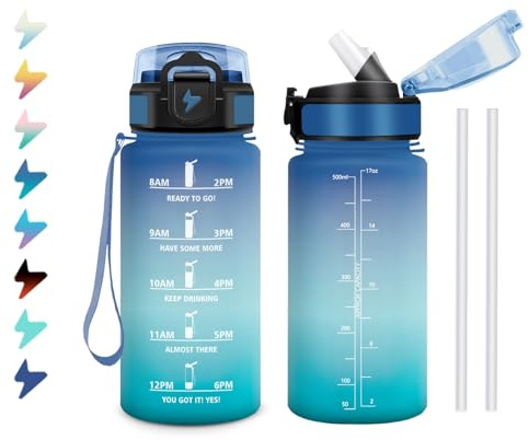 Bouteille d'eau Enfant 500ml, Gourde Motivation avec Marqueur de Temps, Gourde avec Paille, Portable, Étanche et Réutilisable, Bouteille pour Bureau, Déplacements, Gym, Course à Pied, Camping