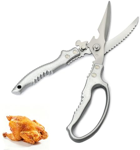 Forbici da Cucina Multifunzionali, Forbici per Ossa di Pollo in Acciaio 3cr13, Forbice da Cucina, Adatte per Pollame, Lische di Pesce, Carne, Verdure, ecc, Argento, 23.7x8.5 cm