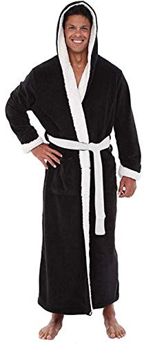 Generisch Peignoir pour homme en éponge avec capuche Robe de bain absorbante Sauna classique Manches longues avec passants de ceinture et poches plaquées Peignoir en éponge long et chaud avec capuche