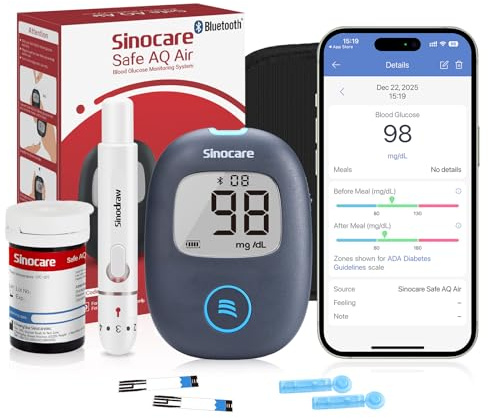 Sinocare Safe AQ Air Glucometro Bluetooth con 25 Strisce + 25 Lancette