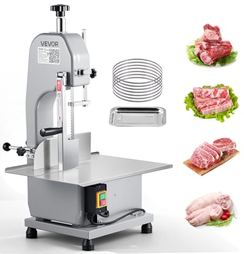 VEVOR Commercial Electric Meat Bandsaw, 1100W Bone Sawing Machine with 12.4 x 18.1 Workbench, 0-4.3 Cutting Thickness, 7 Extra Replacement Blades, for Cutting Bone, Frozen Meat, Pork, Beef & Ribs