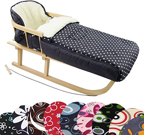 Rawstyle *Kombi-Paket* Holz-Schlitten mit Rückenlehne & Zugseil + universaler Winterfußsack (108cm) Lammwolle, auch geeignet für Babyschale, Kinderwagen, Buggy (Flowers Rot)