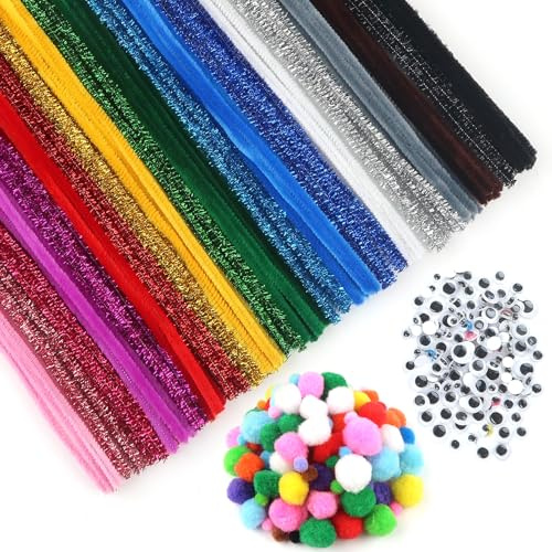 TOAOB 500 Piezas Línea Chenilla Limpiapipas y Glitter Pipe Cleaner 30 cm de Largo Con Tamaño Mixto Multicolor Pompones y Autoadhesivos Ojos Móviles para Manualidades de Bricolaje