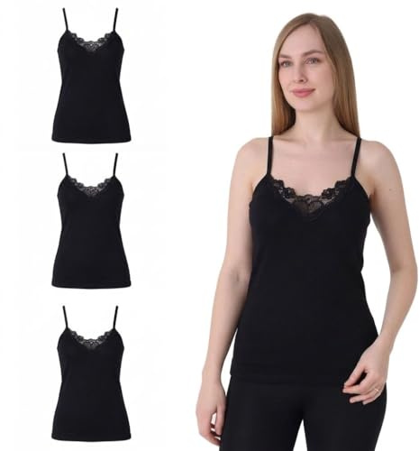 Maria Angel 3 Pack Womens Ladies Camisole Vest,Undershirt with Lace%100 Cotton