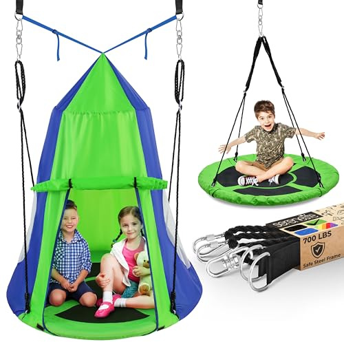 SereneLife 40 Kids Hanging Tent Swing, Outdoor Saucer Swing with Rope Straps (Green), Large
