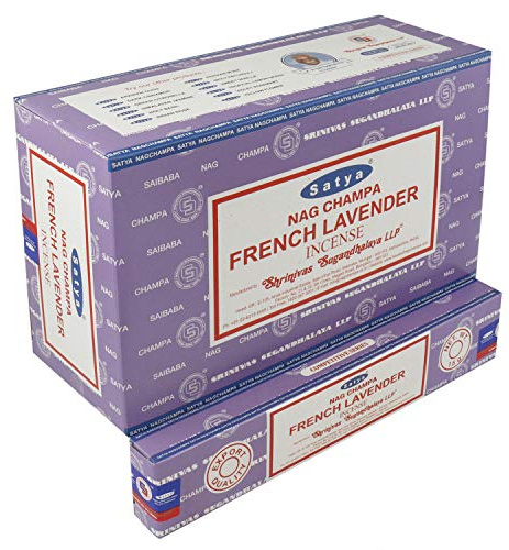 Satya - Varillas de incienso 12 paquetes de 15 g aprox. 180 palillos de lavanda francesa.