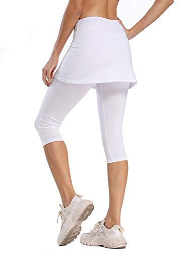 Ibeauti, leggings da donna UPF 50+, con gonna e tasche per tennis, corsa, allenamento attivo - Bianco - S