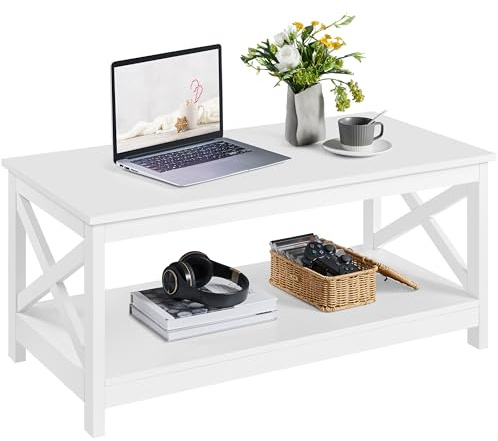 Yaheetech Tavolino da Caffè Tavolino Basso da Salotto Tavolo da Divano a 2 Ripiani Moderno Portaoggetti in Legno con Piano Inferiore Grande da Soggiorno Bianco 100 x 50 x 45 cm