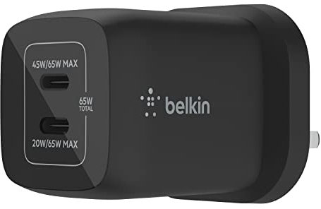 Belkin 65W Dual USB Type C Wall Charger, Fast Charging Power Delivery 3.0 with GaN Technology, USB Plug fast charger for iPhone 17, Air, iPad, MacBook, Samsung Galaxy S25, Pixel and More - Black