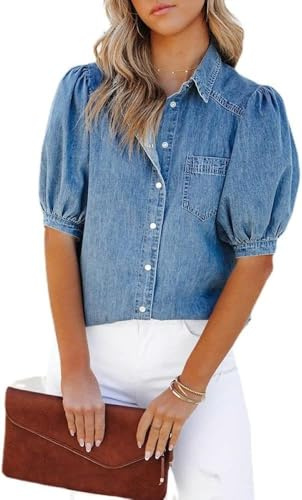 OXFUZZ Dame Elegant Blouse, Hellblaue Waschung Verblasst V-Ausschnitt Chemises Tops Süße Lockere Puffärmel Button-Down-Blosen Elegante Tunika-Tops M