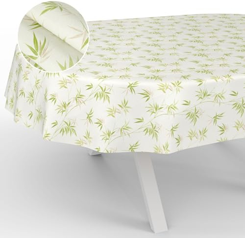 Nappe en Toile cirée Lavable, pour Table de Jardin, extérieur et intérieur, Ovale, Bord coupé, Bambou, 200 x 140 cm