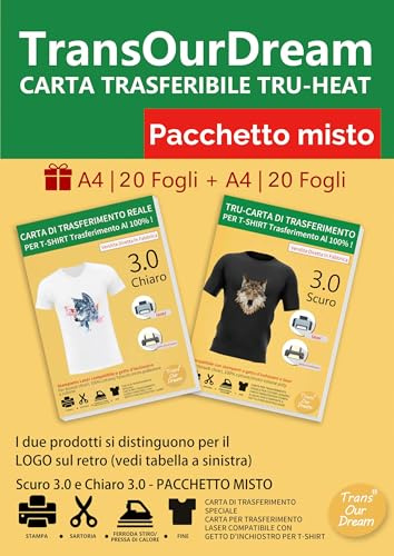 TransOurDream A4 (Fogli 20+20) Carta per trasferimento in Tessuto per Cotone Bianco, stampanti a Getto d'inchiostro e Laser, Carta per trasferimento in Tessuto,