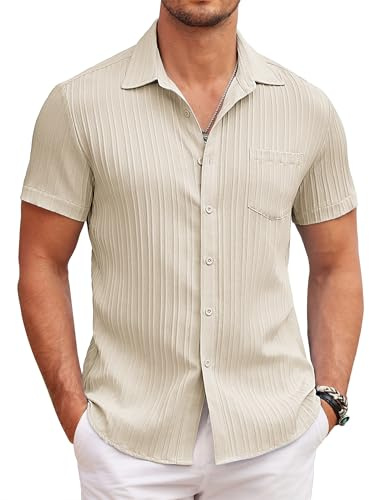 COOFANDY Vardaglig kortärmad skjorta för män sommar button-down texturerade skjortor normal passform strand enfärgad topp med ficka