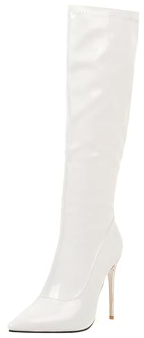 HSyc JRX Bottes d'hiver vernies pour femme avec talons aiguilles, Blanc., 43 EU