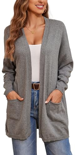 BERESIA Cardigan Aperto in Cotone 100% per Donna con Tasche, Maniche Lunghe, Morbido, Oversize, Maglione Casual da Donna, Grigio Scuro, XXL