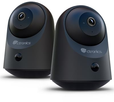 Ctronics Telecamera Interno Senza Fili a Batteria, 2K 3MP, Visione Notturna IR 20m, Accesso App/PC, FTP/TF 128GB/Cloud, Rilevamento PIR, Audio Bidirezionale, WiFi 2.4GHz, Nero, 2 Pezzi