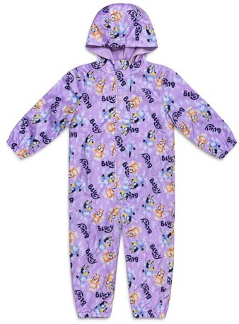 Bluey Girls Waterproof Puddle Suit – Lilac All-in-One Rain Suit with Hood, Fleece Lining, Hook and Loop Fastening, Elasticated Cuffs – Toddler Kids Outdoor Clothing (3-4Y)