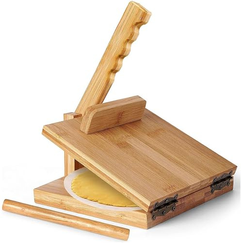 WGFOIP Pressa per Tortilla, pressa manuale in legno con perno metallico e mattarello, include 50 fogli di carta da forno per tortillas sottili, Pressa per Tortilla