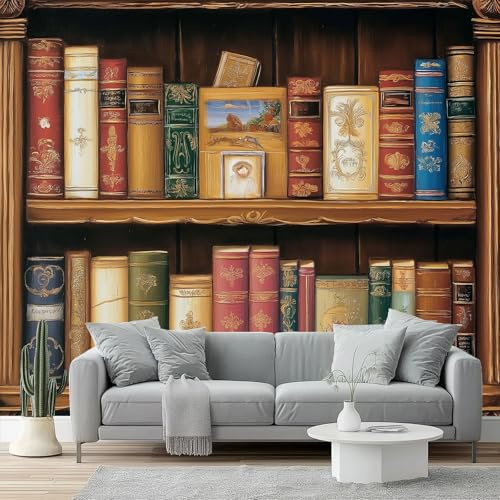 Carta Da Parati Fotografica Retrò Libreria Motivo, Poster Murale Marrone Libri par Soggiorno Camera Da Letto Cucina Decorazione, 200 x 140 cm Carta Da Parati non tessuto