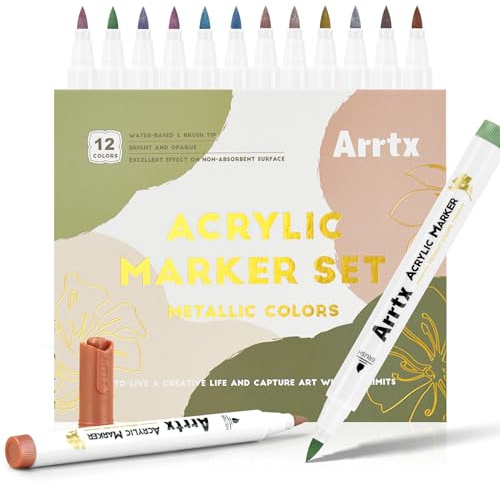 Arrtx – Set de marcadores acrílicos metálicos, 12 colores con punta extrafina, rotuladores impermeables para pintura en roca, cerámica, vidrio, madera, lienzo y manualidades DIY
