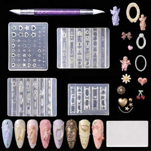 Zosutetoxo Nails Molde, Juego de Diseño de Uñas con 4 Piezas de Sello de Uñas y Molde de Silicona 3D Y2K Motivos, Plantillas de Estampado para Uñas