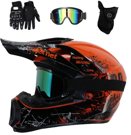 Dual Sport MTB Motocross Helmet, with Goggles Gloves Mask, Unisex Youth Full Face Off Road ATV Scooter Motorbike Helmet, Downhill Enduro Racing BMX Dirt Bike Crash Helmets(Orange,M/56-57CM)