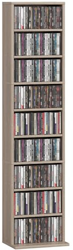 HOMCOM Rangements pour CD et DVD 260 CD/120 DVD 33 x 24 x 140 cm Naturel | Meuble de Rangement Multimédia, 9 Compartiments, 6 Étagères Réglables, pour Salon Chambre Bureau