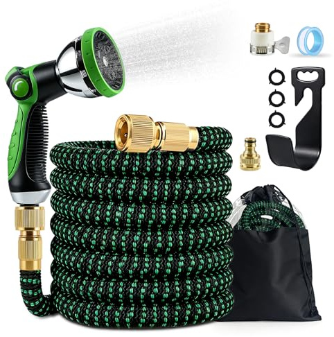 Qingning Tubo da Giardino Flessibile 15m/50FT, Tubo per Irrigazione con 10 Modalità di Spruzzo Funzioni, Canna Acqua Estensibile per Irrigazione del Giardino e Autolavaggio, Tubo per Acqua da Esterno