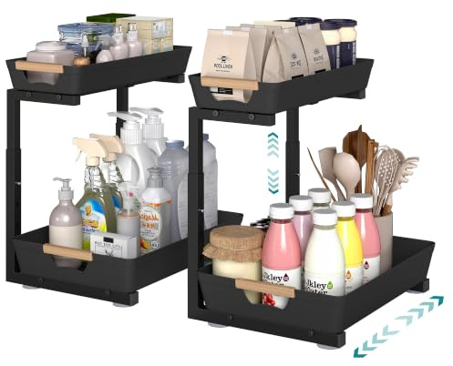 SONGMICS L-Formad Förvaring under Diskbänk, 2 Nivåer, Set om 2 | Utdragbar, Justerbar Höjd, för Kök, Badrum, 40 x 29,5 x 41,5 cm, Bläck Svart, GLORA Kollektion KCS218B101