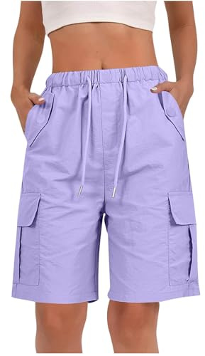 Cargo Shorts Women UK Ladies Bermuda Shorts Baggy Short Cargo Pants with Multiple Pockets Summer Drawstring Elasticated Waist Half Pants for Outdoor Hiking Work Travel Sports