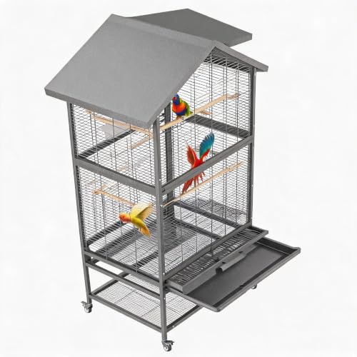 ApothCasa Large Bird Flight Cage, 167 cm Double Parrot Cage with Rolling Stand, Wrought Iron Aviary, Pull-Out Tray, Storage Shelf, 4 Perches & 4 Bowls, 80 x 60 x 167 cm, Black